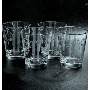 4 Sasaki Bamboo Old Fashion Glasses 3.25" cut glass cocktail party 1950s vtg